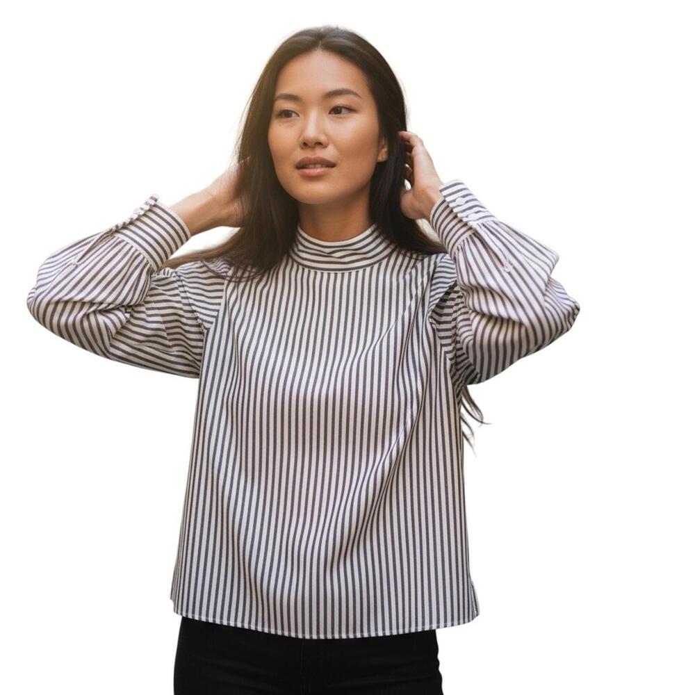 NEW Everlane The Wing-Shoulder Mockneck Top Blouse Pecan White Stripes Size 12 - Picture 3 of 9
